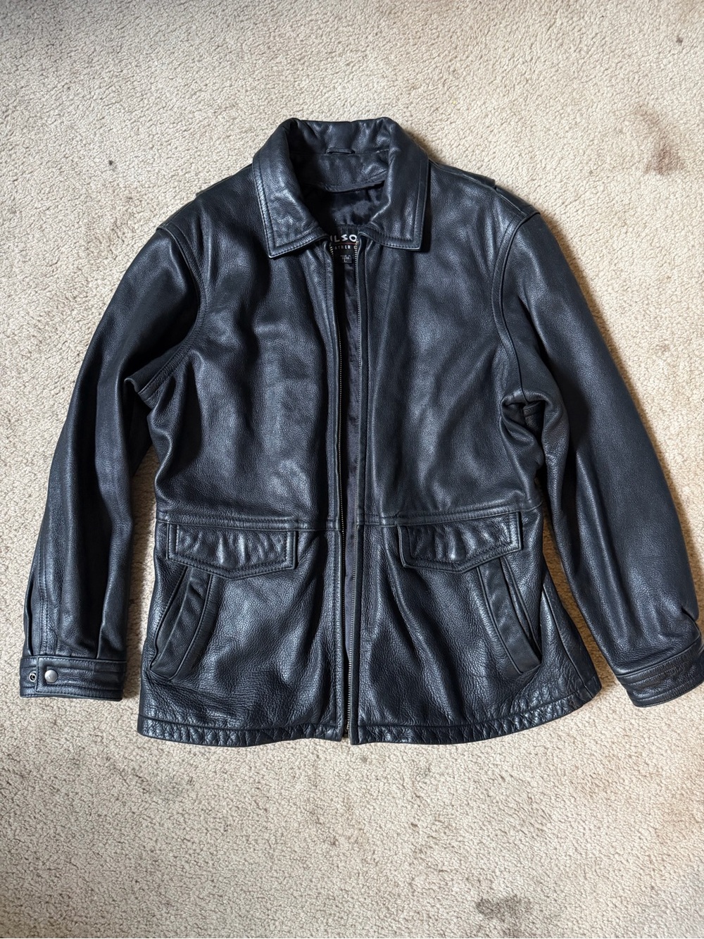 Wilson Black Leather Bomber Jacket with Flap Pockets